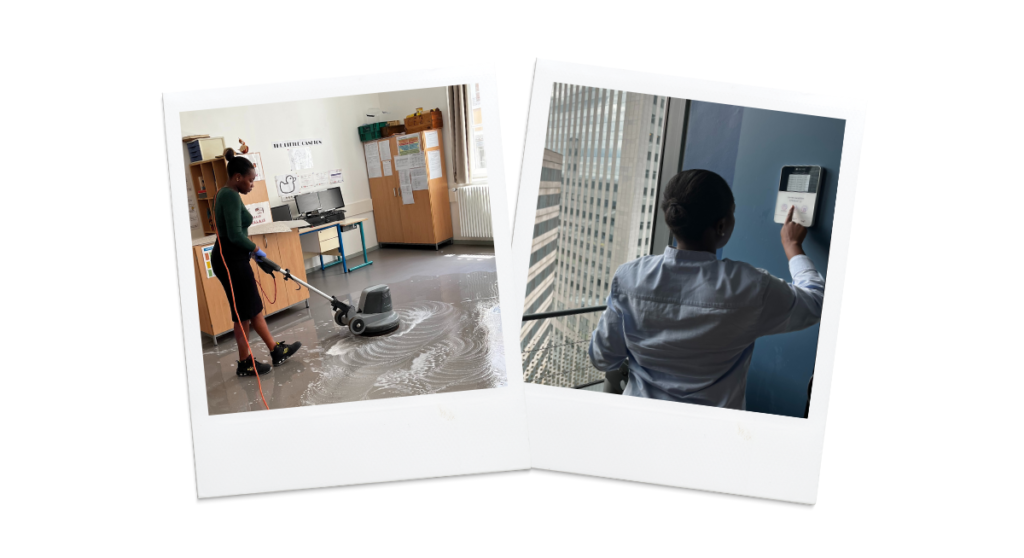 Chargée de mission RSE et Innovation de l'entreprise ISOR Group en train de paramétrer une borne de traçabilité chez un site client, et en train de s'essayer à la remise en état du sol chez un autre client