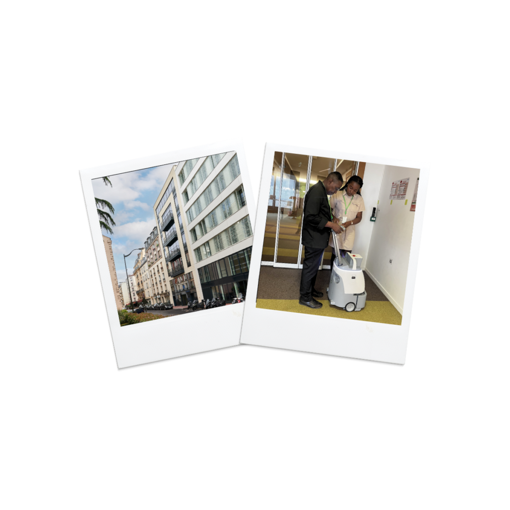 Polaroids illustrant premièrement le siège social de l'entreprise ISOR Group, et deuxièmement, la chargée de mission RSE et Innovation en train de paramétrer avec un chef de site un cobot sur un site client.