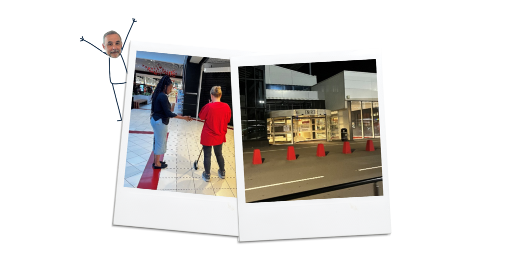 Polaroids illustrant la visite de la chargée de mission RSE et Innovation sur un site client (supermarché) de l'entreprise de nettoyage ISOR Group