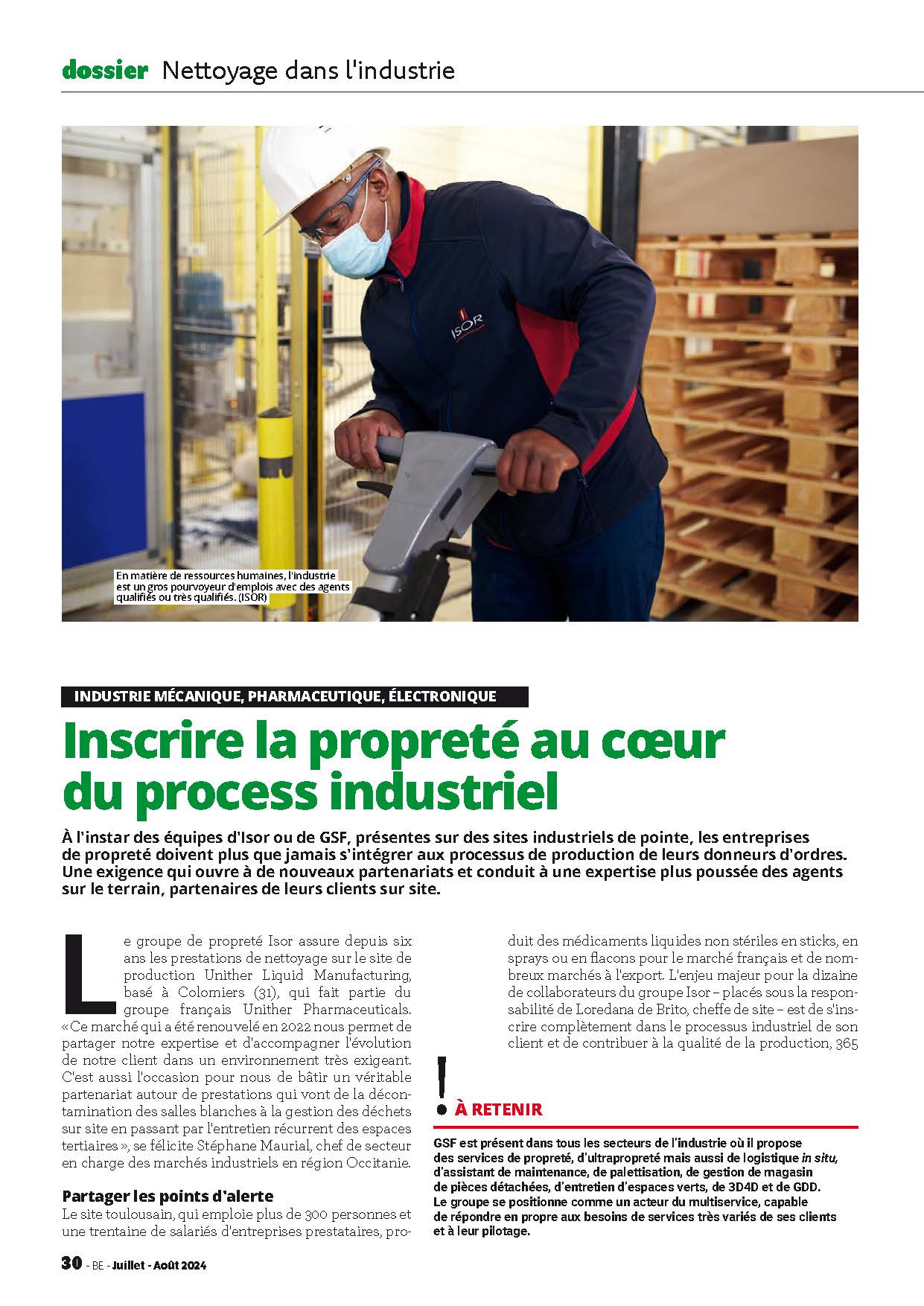 Capture d'écran de l'article du magazine Bâtiment Entretien, au sujet du travail de l'entreprise ISOR Group (société de nettoyage industriel) sur le site de production Unither Liquid Manufacturing