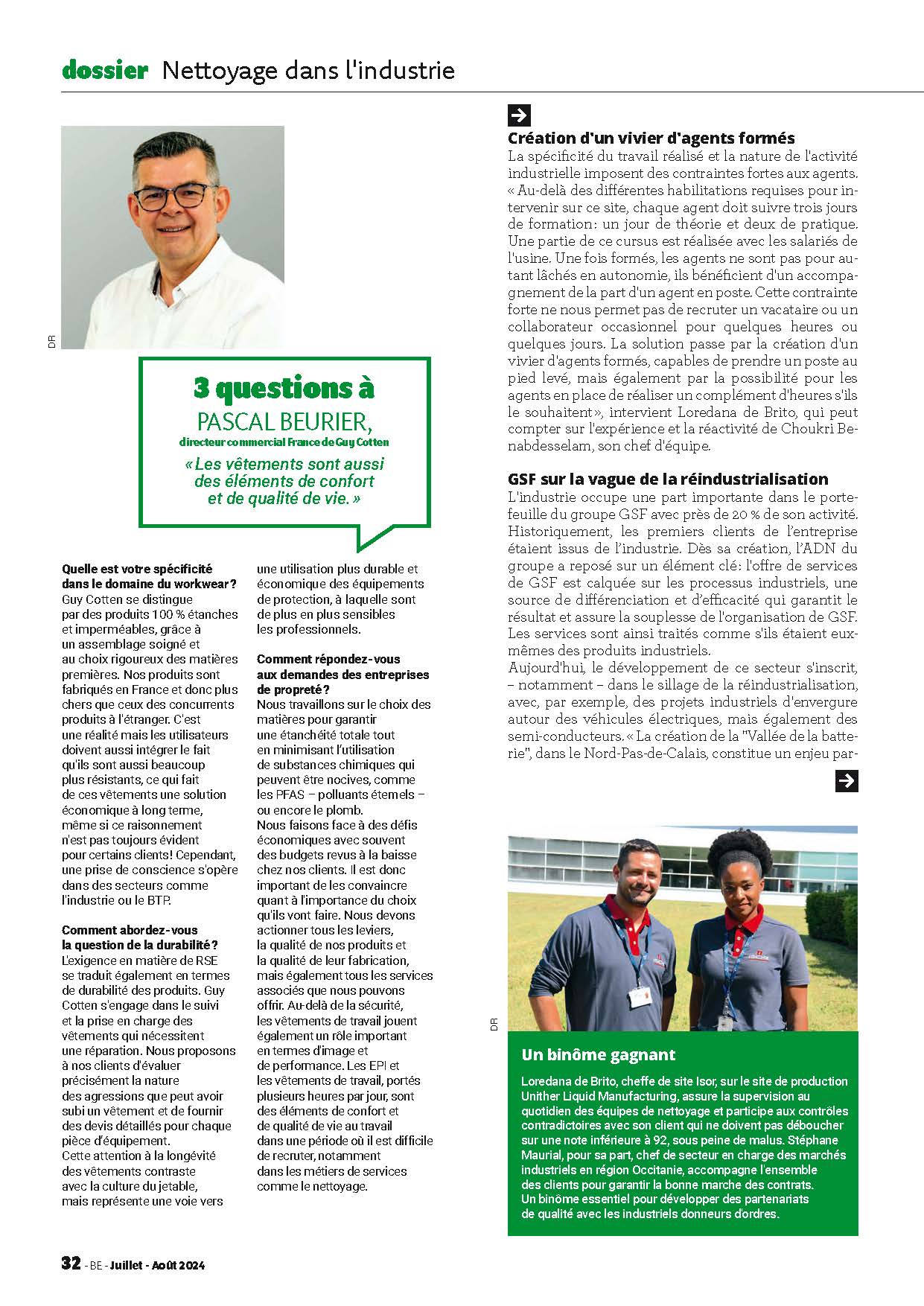 Capture d'écran de l'article du magazine Bâtiment Entretien, au sujet du travail de l'entreprise ISOR Group (société de nettoyage industriel) sur le site de production Unither Liquid Manufacturing