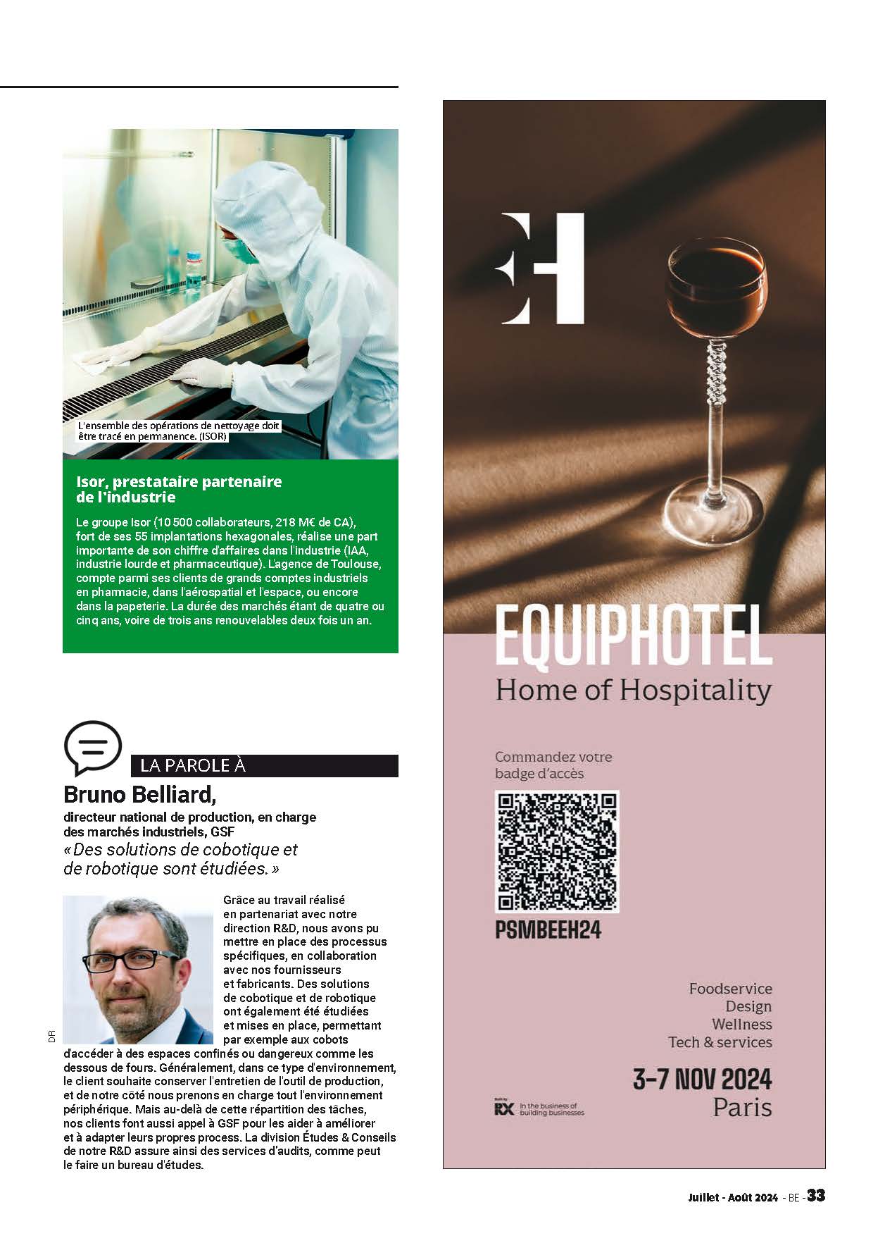 Capture d'écran de l'article du magazine Bâtiment Entretien, au sujet du travail de l'entreprise ISOR Group (société de nettoyage industriel) sur le site de production Unither Liquid Manufacturing